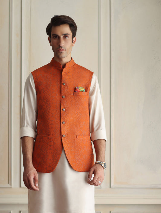 ORANGE CROSS STITCHED EMBROIDERED WAISTCOAT